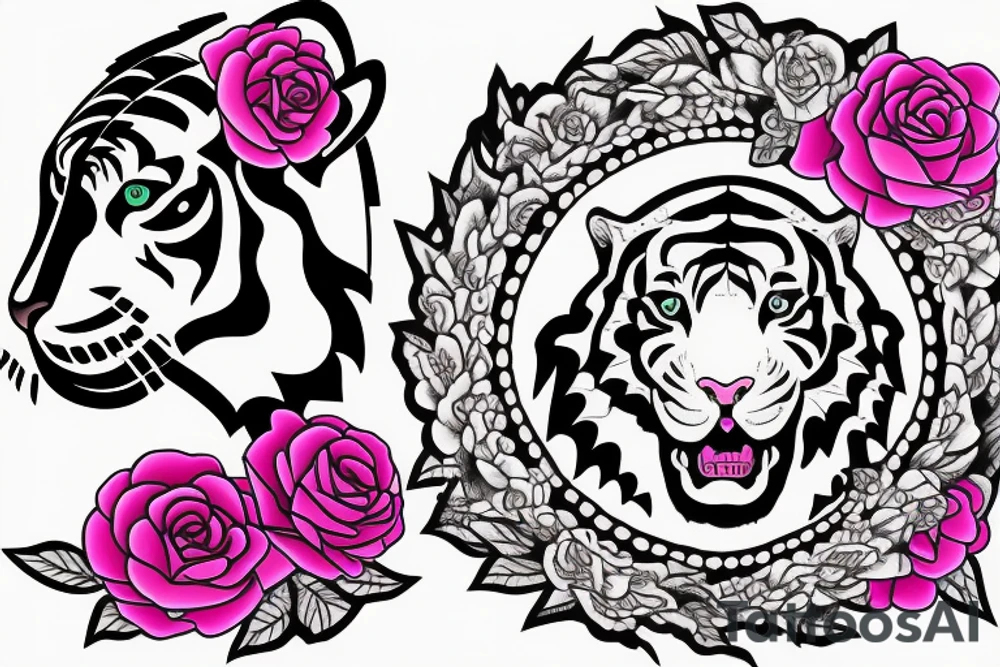 Tiger with pink flower, Ouroboros, laurel crown and "777" numbers tattoo idea