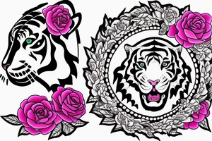 Tiger with pink flower, Ouroboros, laurel crown and "777" numbers tattoo idea