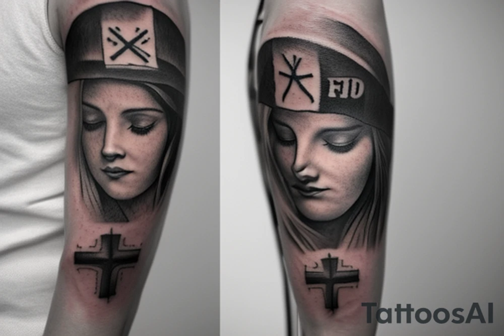 I wanted a left forearm tattoo with three crosses at the bottom, clouds, and the sun above it, and then clouds surrounding a bible verse on the top and bottom. The bible verse says The LORD is my light and my salvation; whom shall I fear? The LORD is the stronghold of my life; of whom shall I be afraid? tattoo idea