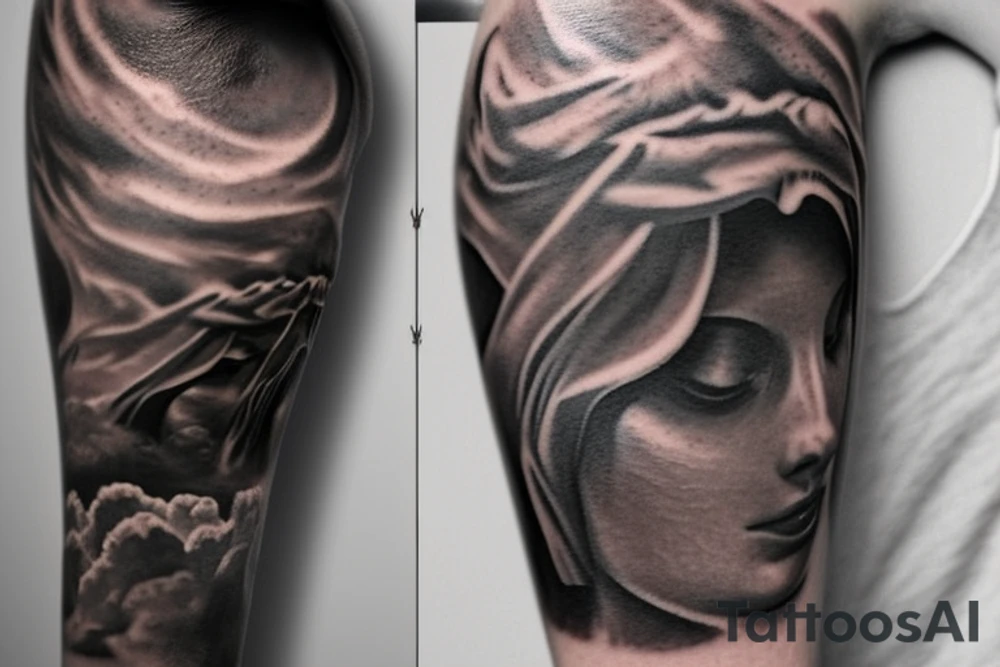 I wanted a left forearm tattoo with three crosses at the bottom, clouds, and the sun above it, and then clouds surrounding a bible verse on the top and bottom. The bible verse says The LORD is my light and my salvation; whom shall I fear? The LORD is the stronghold of my life; of whom shall I be afraid? tattoo idea