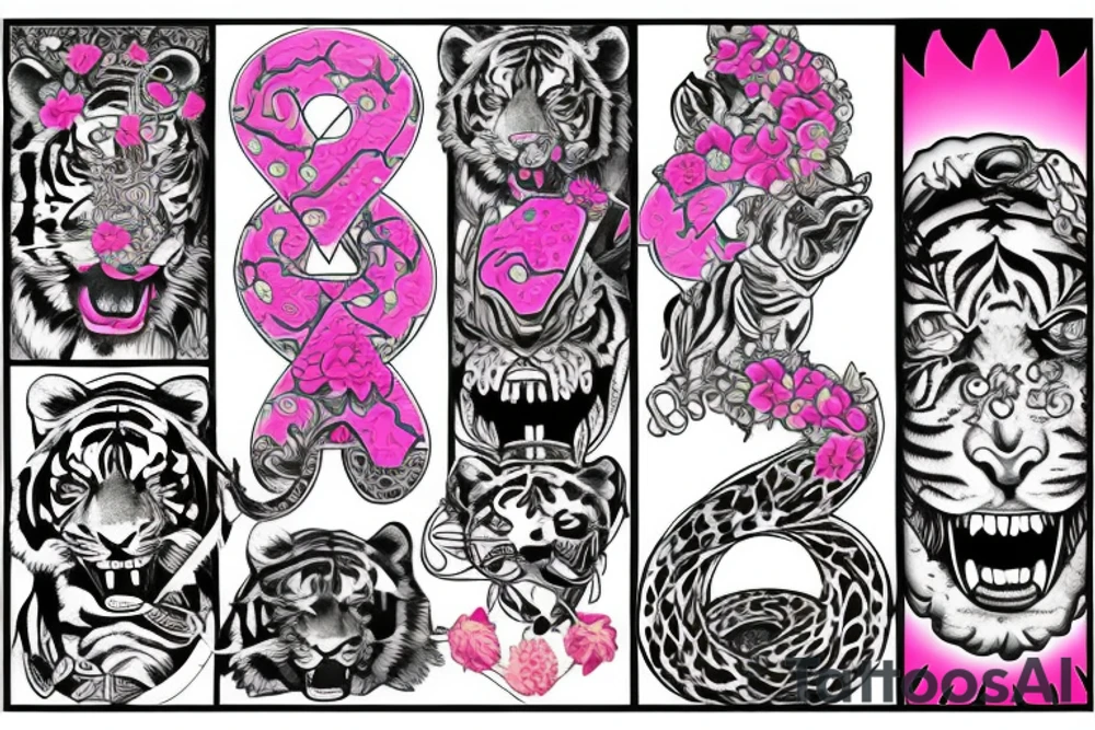 Tiger, Ouroboros, laurel crown, Pink Flower and "777" numbers tattoo idea