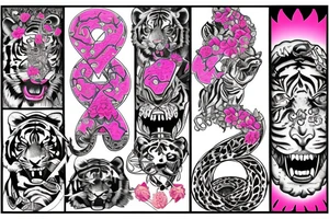 Tiger, Ouroboros, laurel crown, Pink Flower and "777" numbers tattoo idea