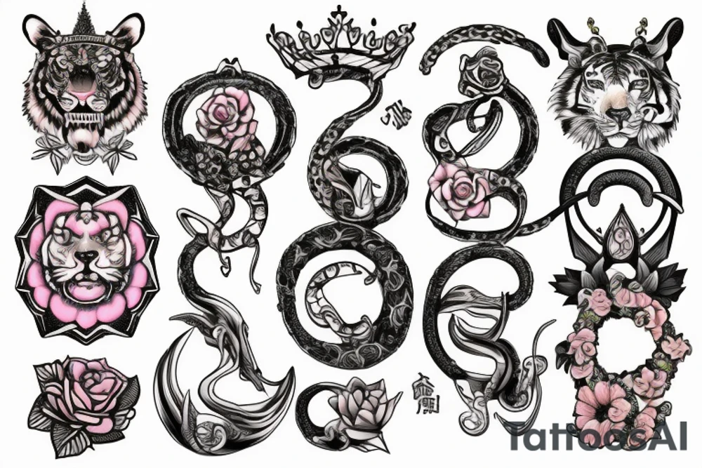 Tiger, Ouroboros, laurel crown, Pink Flower and "777" numbers tattoo idea