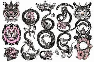 Tiger, Ouroboros, laurel crown, Pink Flower and "777" numbers tattoo idea