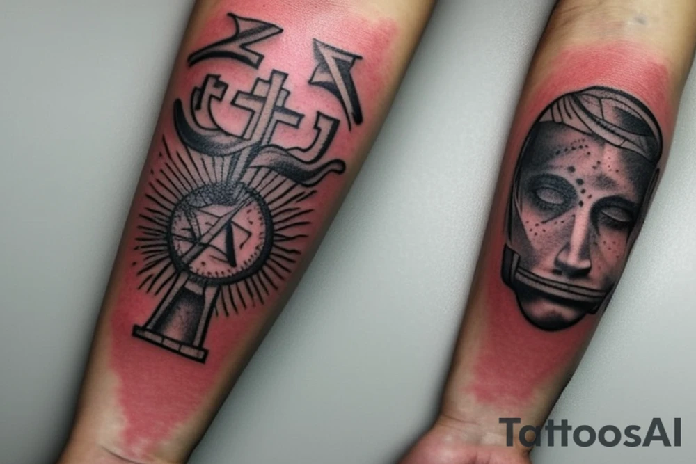 I wanted a left forearm tattoo with three crosses at the bottom, clouds, and the sun above it, and then clouds surrounding a bible verse on the top and bottom. The bible verse says The LORD is my light and my salvation; whom shall I fear? The LORD is the stronghold of my life; of whom shall I be afraid? tattoo idea