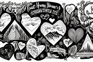 mountains from Zach Bryan’s Quiet, Heavy Dreams album cover with the writing “GIVE YOUR HEART KEEP YOUR HEAD” below tattoo idea