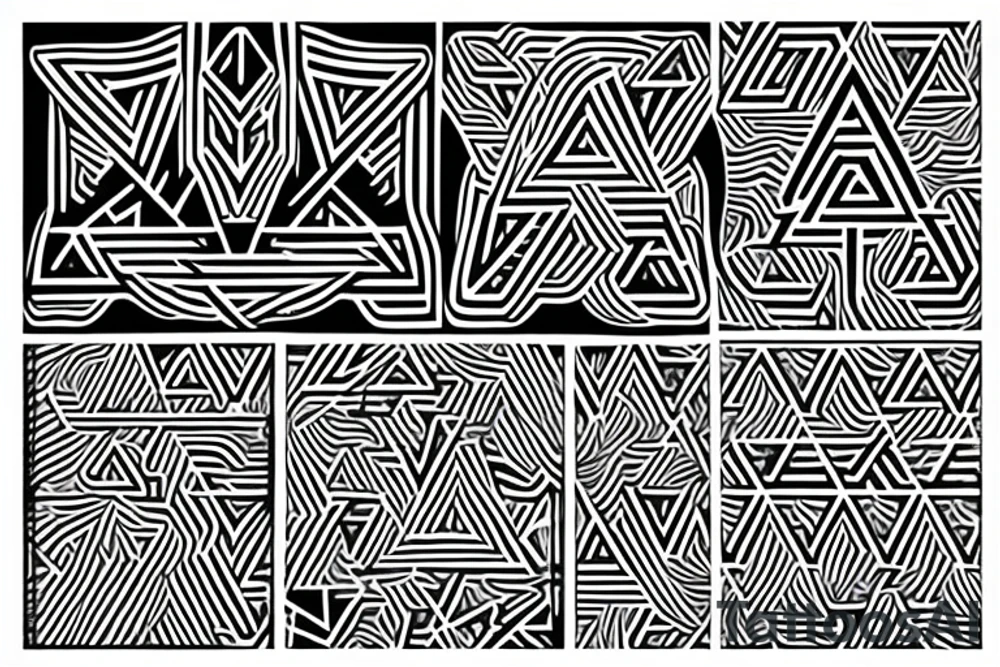 geometry patterns that give off Hebrew writing vibes fading in and out with shading tattoo idea
