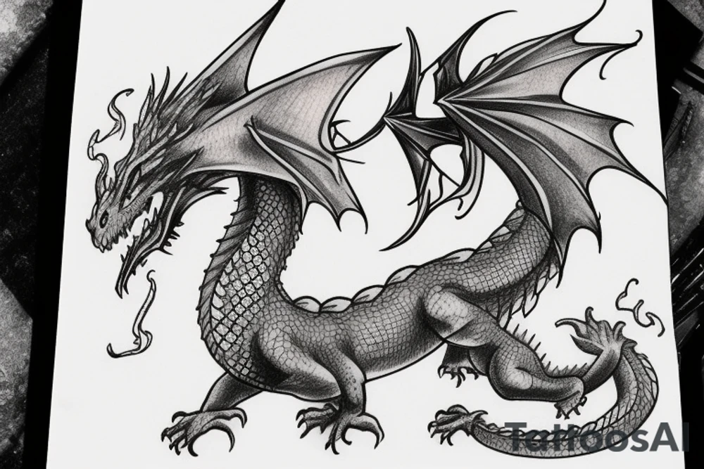Realistic Dragon flying sketch tattoo idea
