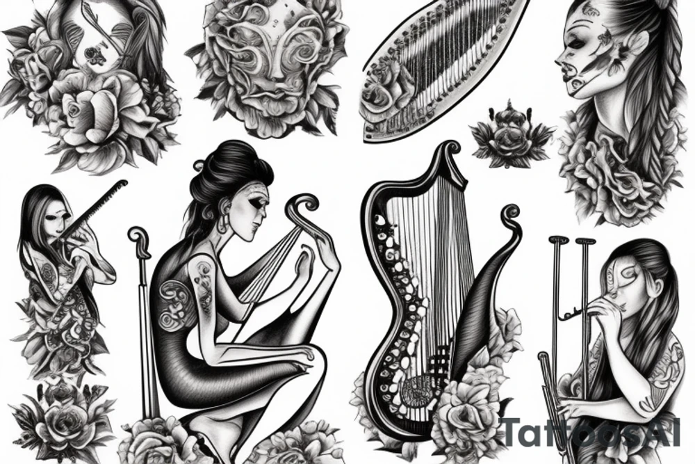 Women playing harp tattoo idea