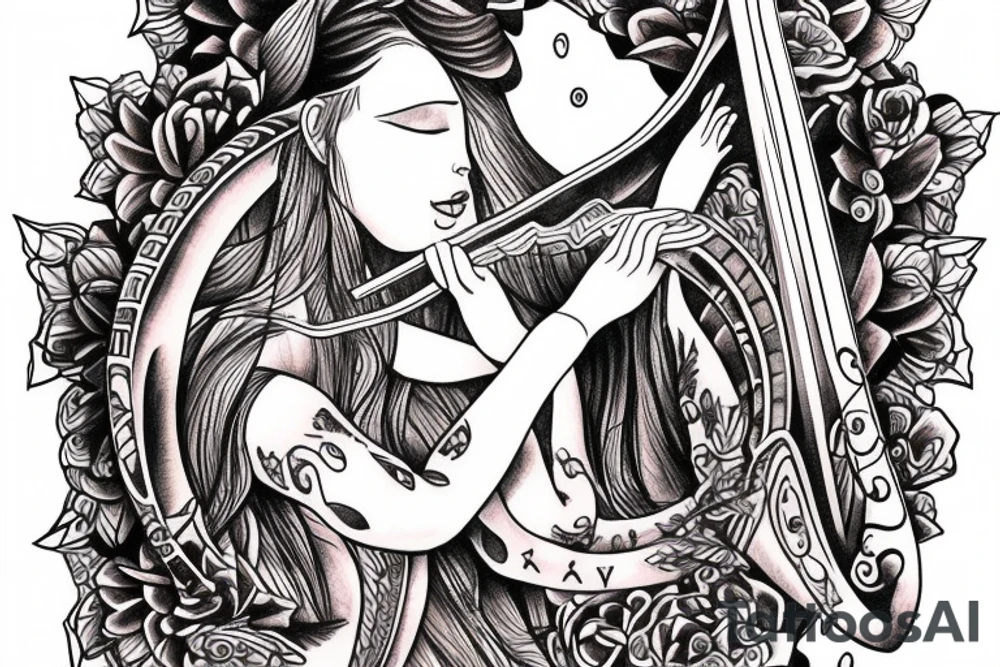 Women playing harp tattoo idea