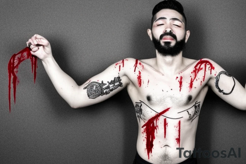 Greek Man holding up boulder on back, blood dripping from his body tattoo idea