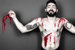 Greek Man holding up boulder on back, blood dripping from his body tattoo idea