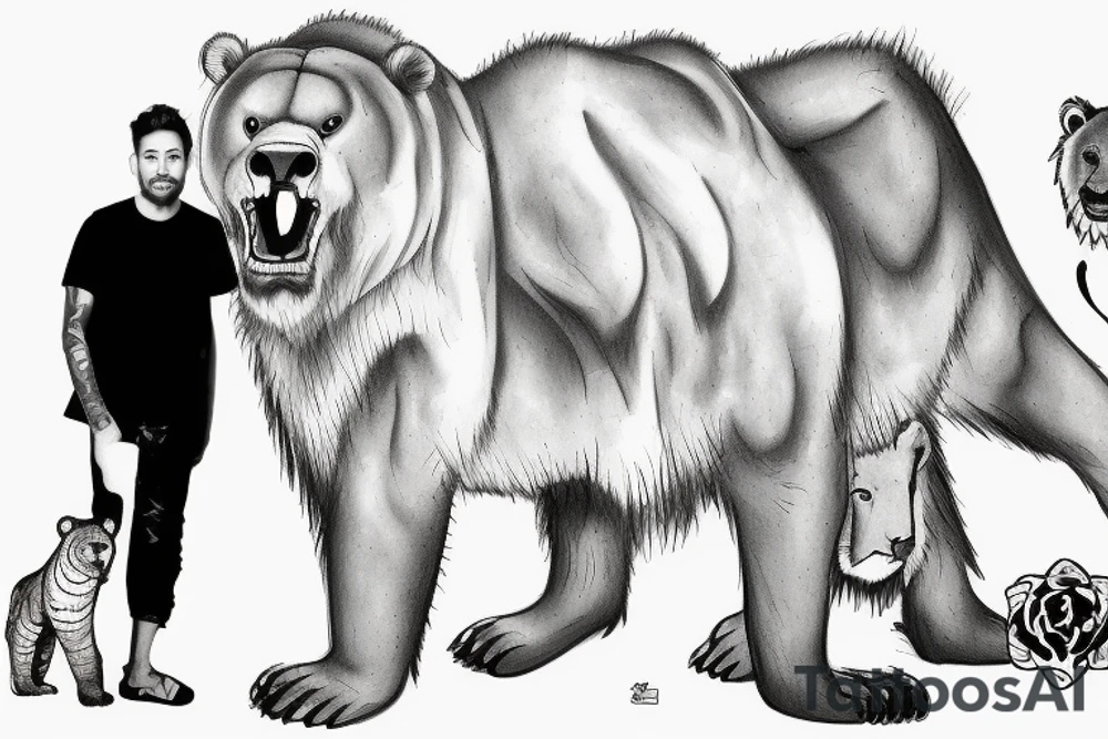 Samari with a makmalee grizzly cub and female lion cub at his feet tattoo idea