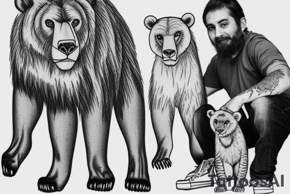 Samari with a makmalee grizzly cub and female lion cub at his feet tattoo idea