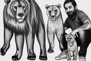 Samari with a makmalee grizzly cub and female lion cub at his feet tattoo idea