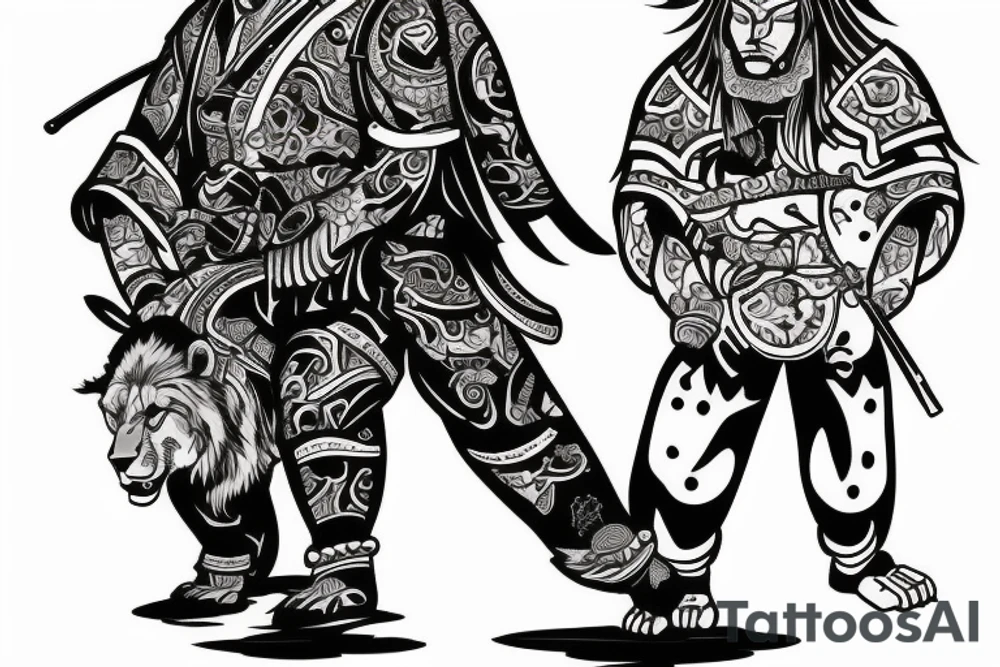 Samurai with a male grizzly cub and female lion cub at his feet tattoo idea
