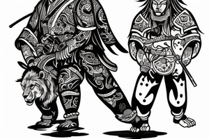 Samurai with a male grizzly cub and female lion cub at his feet tattoo idea