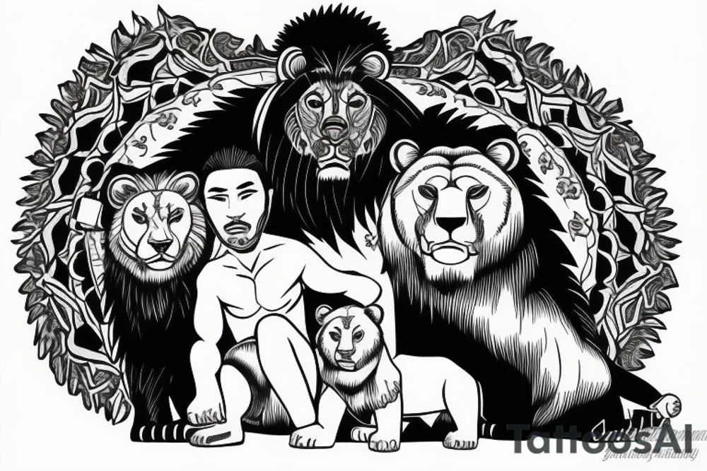 Samurai with a male grizzly cub and female lion cub at his feet tattoo idea