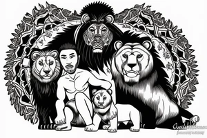 Samurai with a male grizzly cub and female lion cub at his feet tattoo idea
