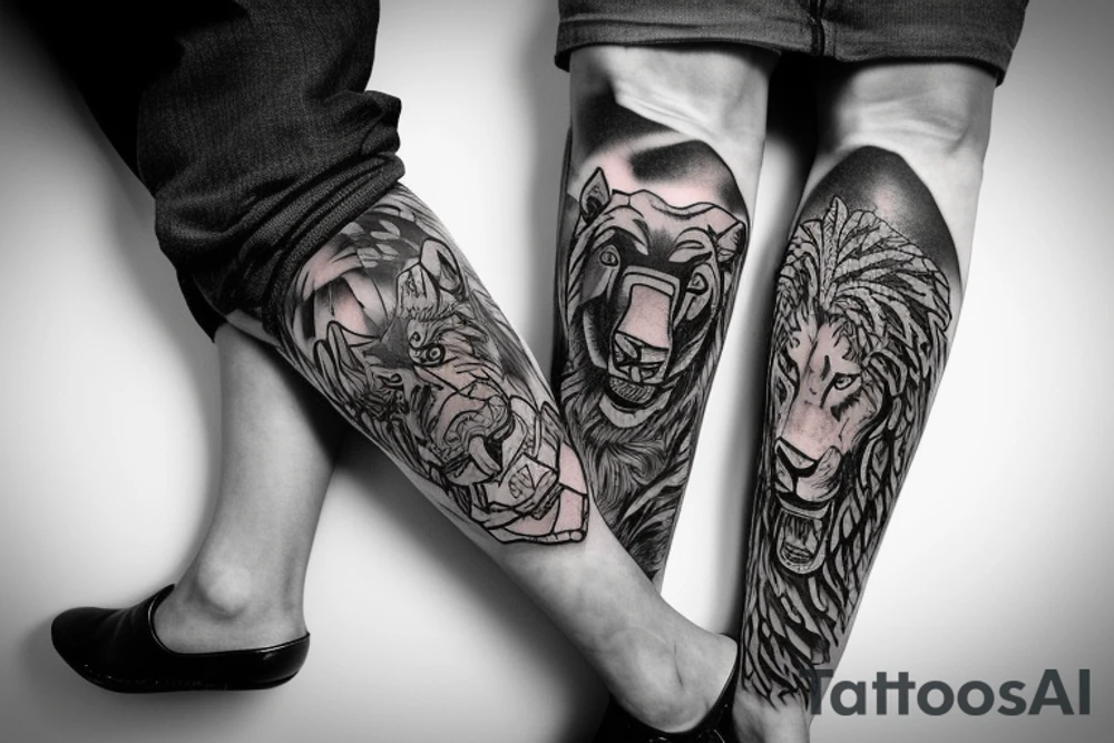 Samurai with a male grizzly cub and female lion cub at his feet tattoo idea