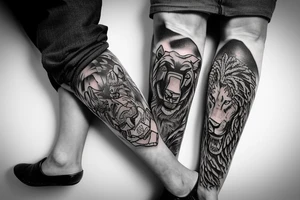 Samurai with a male grizzly cub and female lion cub at his feet tattoo idea