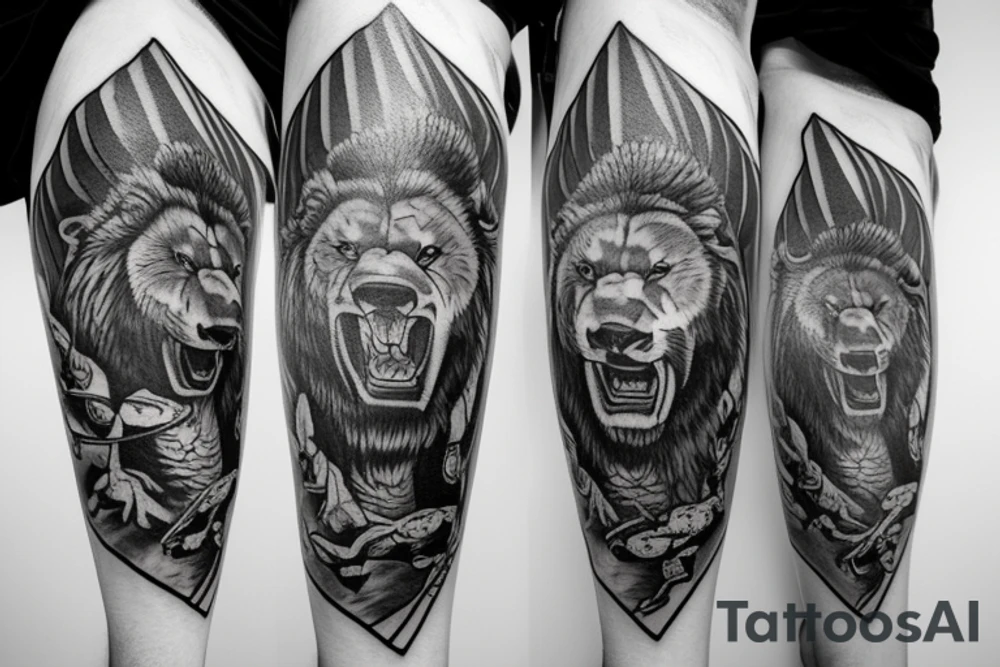 Samurai with a male grizzly cub and female lion cub at his feet tattoo idea