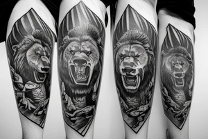 Samurai with a male grizzly cub and female lion cub at his feet tattoo idea