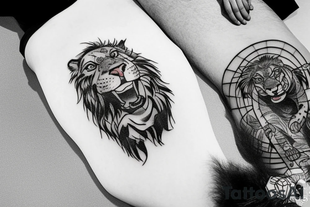 Samurai warrior with a male grizzly cub and female lion cub at his feet tattoo idea