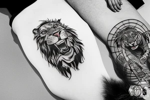 Samurai warrior with a male grizzly cub and female lion cub at his feet tattoo idea