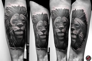Samurai warrior with a male grizzly cub and female lion cub at his feet tattoo idea