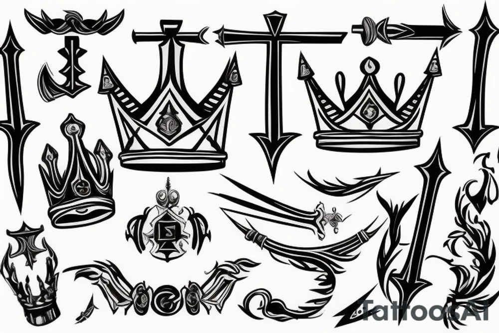 Two swords crossed with handles on the floor and a crown over the tops of them tattoo idea