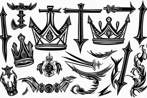 Two swords crossed with handles on the floor and a crown over the tops of them tattoo idea