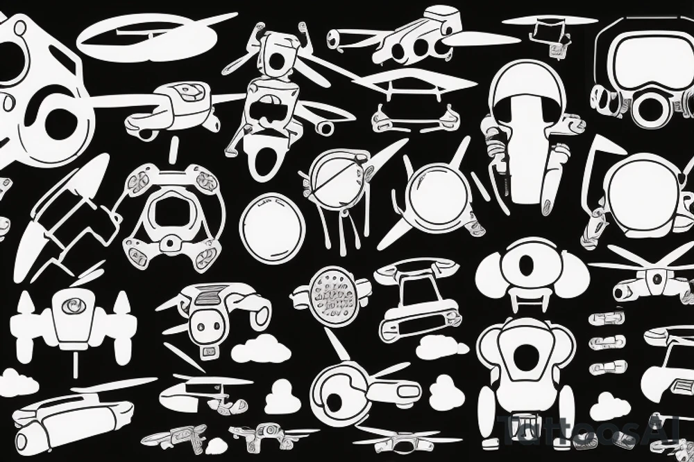 FPV drone pilot surround with propellers and UFOs tattoo idea