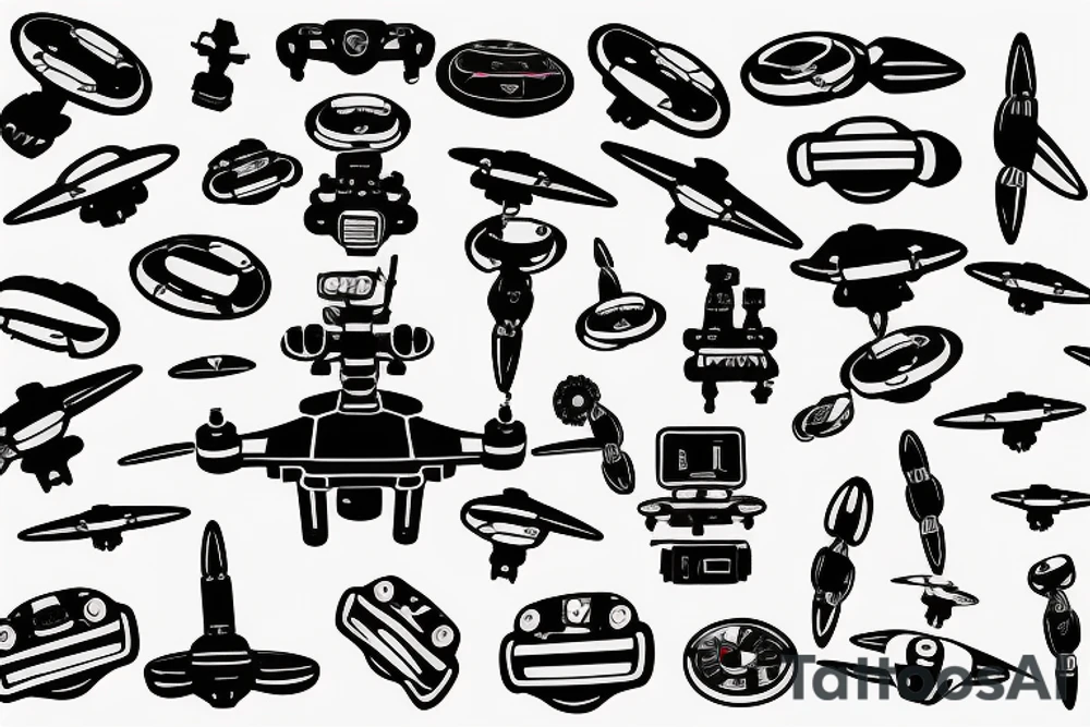 FPV drone pilot surround with propellers and UFOs tattoo idea