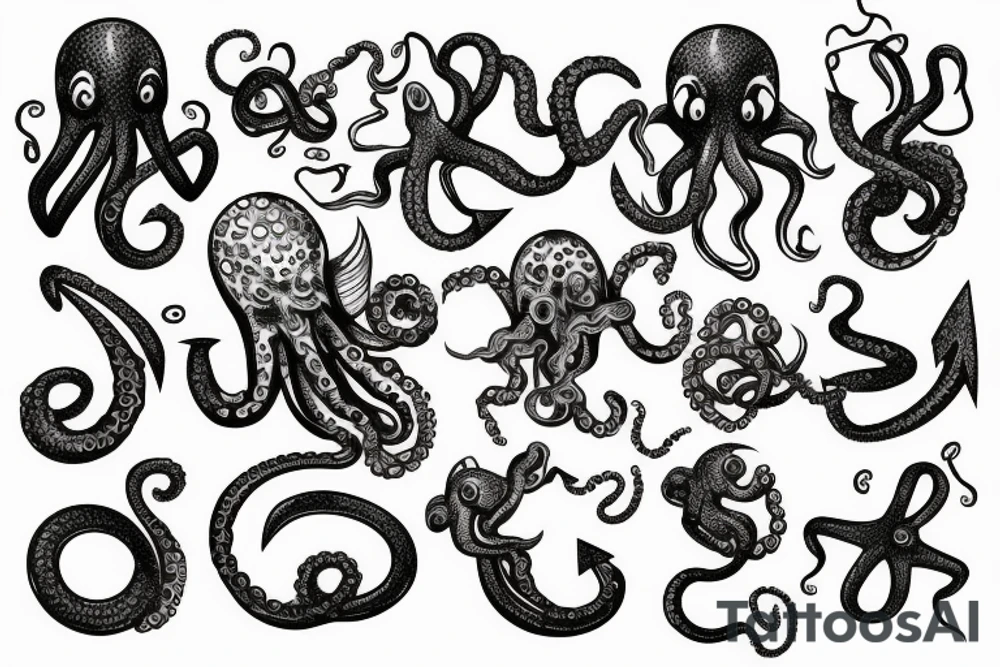 anchor in the middle, octopus on the left, seahorse on the right tattoo idea