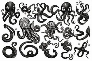 anchor in the middle, octopus on the left, seahorse on the right tattoo idea