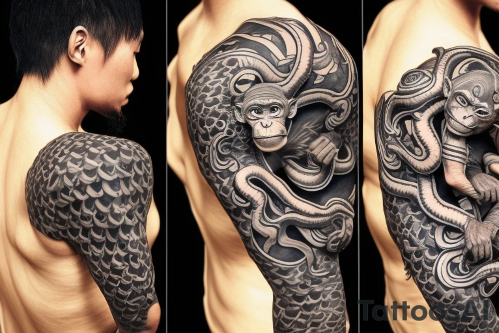 monkey wukong with snake friend around neck tattoo idea