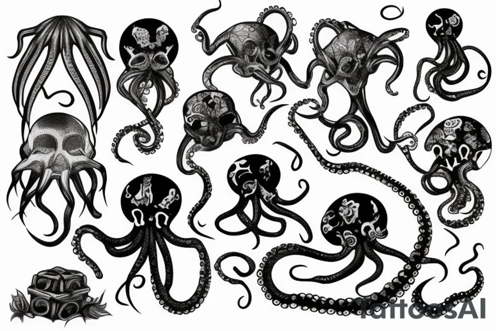 Octopus with skeleton and treasure chest tattoo idea