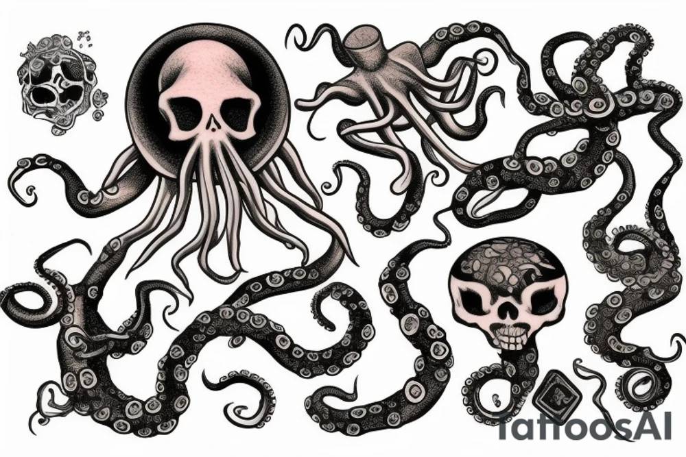 Octopus with skeleton and treasure chest tattoo idea