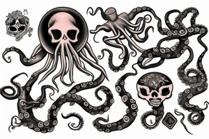 Octopus with skeleton and treasure chest tattoo idea