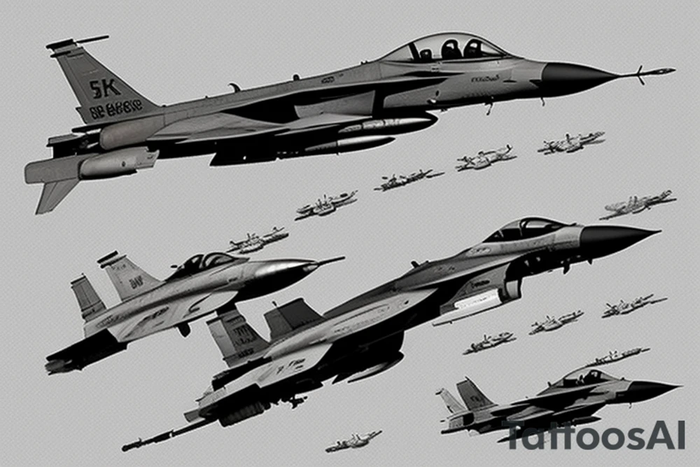 The tattoo features an F-16 aircraft at its center, with falcon figures placed along the wings and nose of the aircraft in a direction that follows its flight path. The falcons appear to be flying around the aircraft as if they are accompanying it. tattoo idea