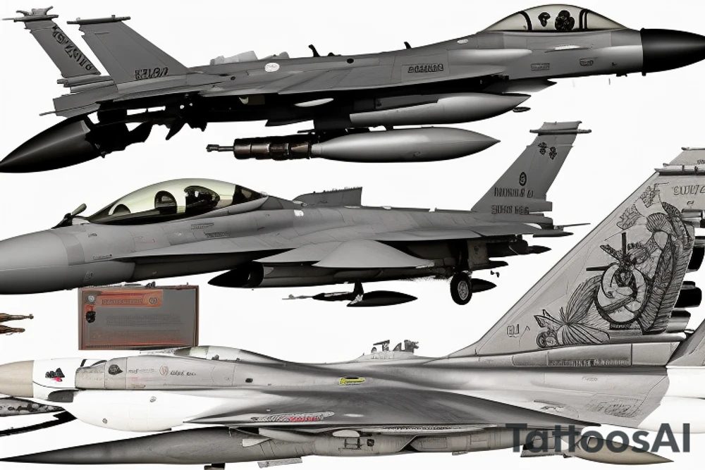 The tattoo features an F-16 aircraft at its center, with falcon figures placed along the wings and nose of the aircraft in a direction that follows its flight path. The falcons appear to be flying around the aircraft as if they are accompanying it. tattoo idea