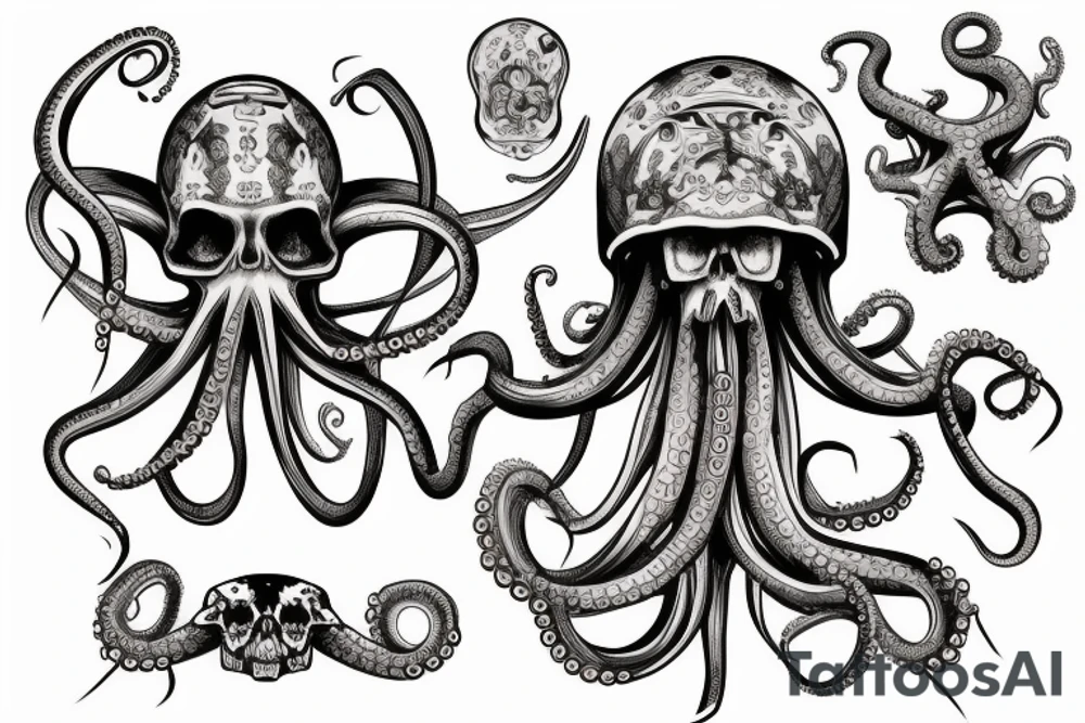 Octopus with skeleton and treasure chest tattoo idea