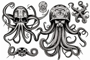Octopus with skeleton and treasure chest tattoo idea