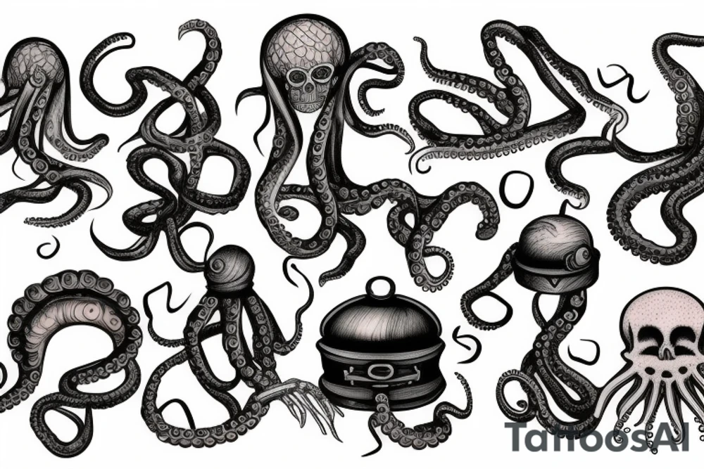 Octopus with skeleton and treasure chest tattoo idea