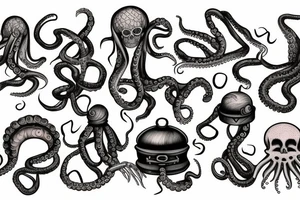Octopus with skeleton and treasure chest tattoo idea