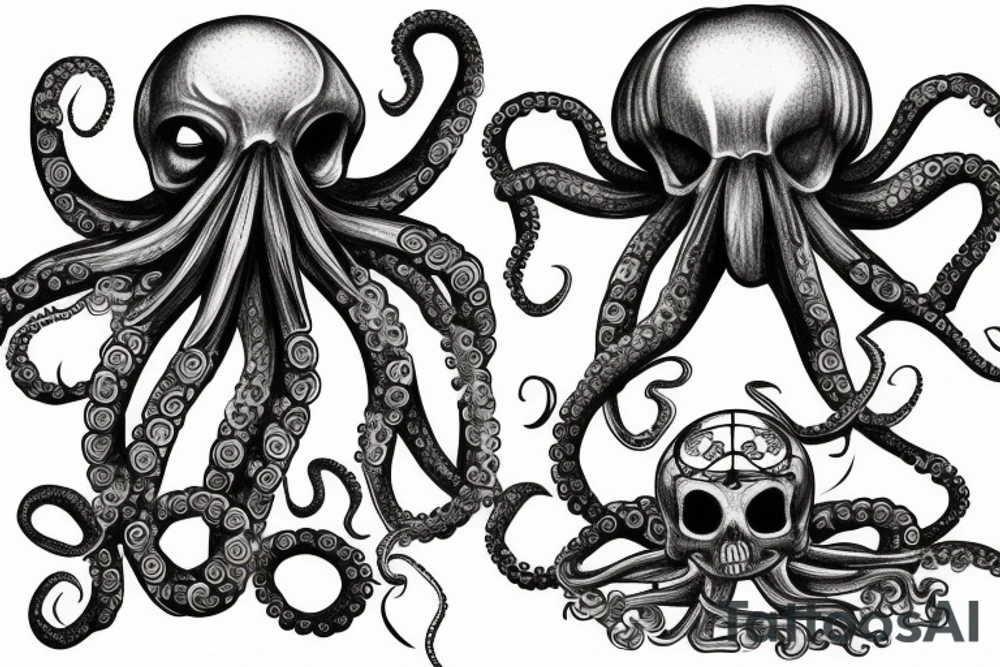 Octopus with skeleton and treasure chest tattoo idea