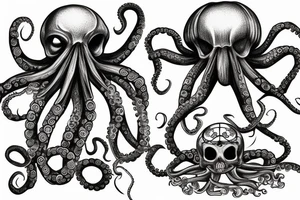 Octopus with skeleton and treasure chest tattoo idea