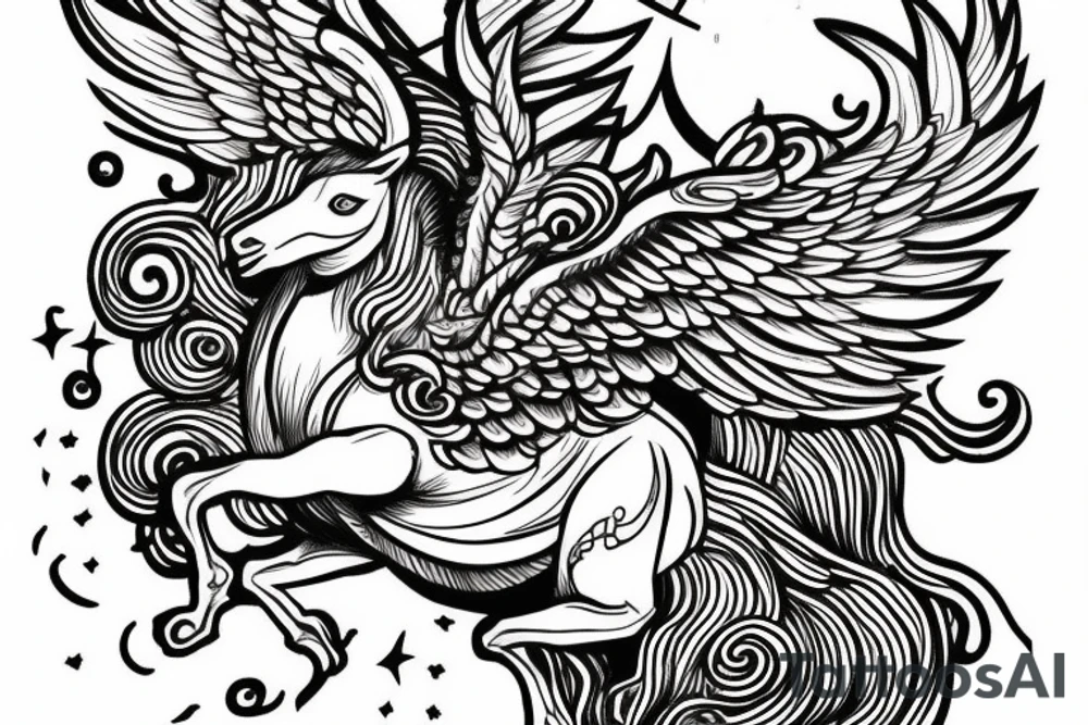 An arm tattoo composition of a greek temple with clouds and a thunder and Pegasus on the bottom. tattoo idea
