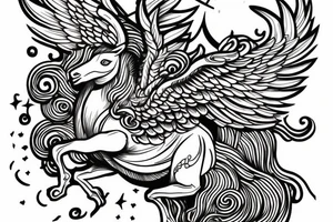 An arm tattoo composition of a greek temple with clouds and a thunder and Pegasus on the bottom. tattoo idea